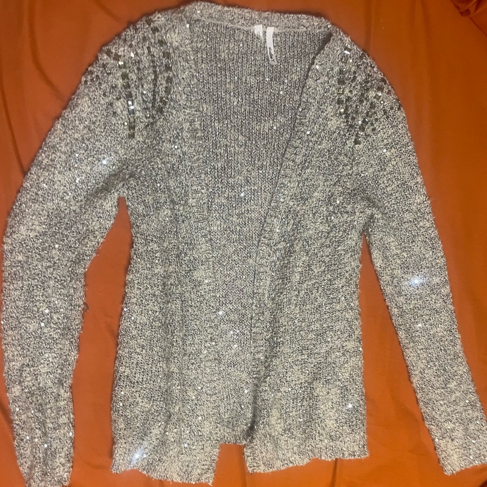 Sparkly silver grey knit sweater cardigan gem studio y
